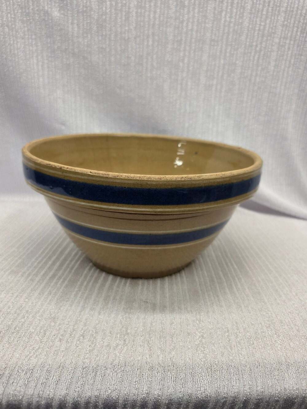 Vintage Yellow Ware Pottery Mixing Bowl with Blue Stripe Detail